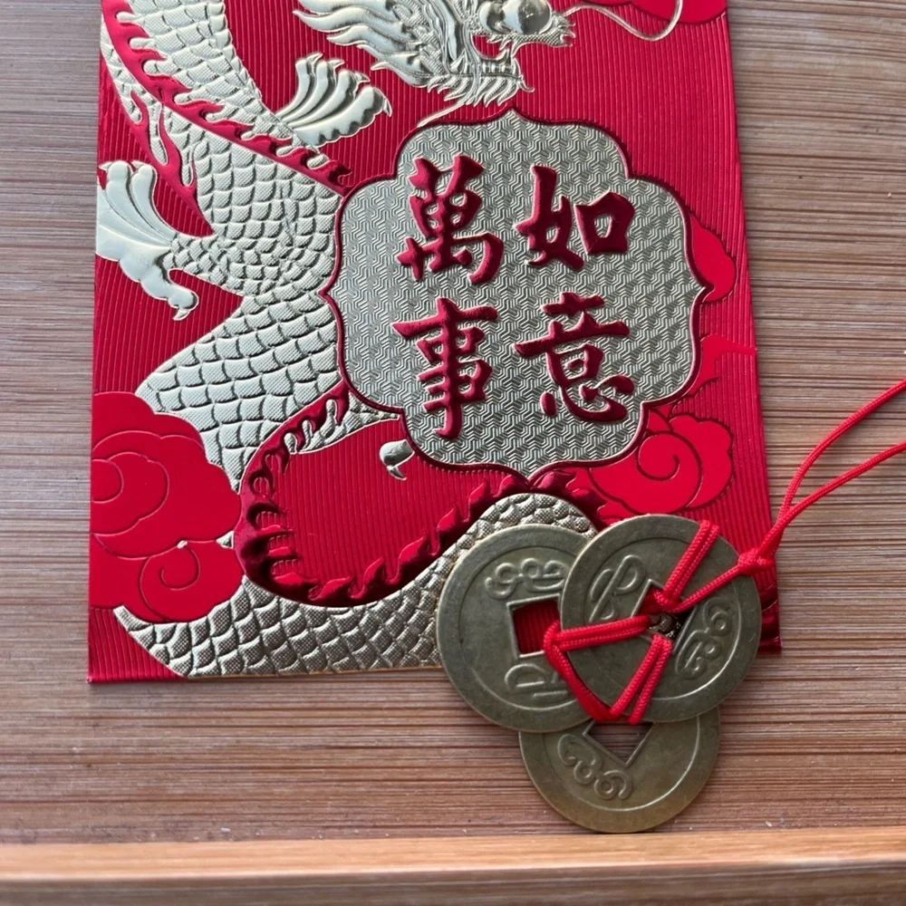 Chinese New Year Red Lucky Money Envelope 3 Feng Shui Coin Set - Picture 8 of 9